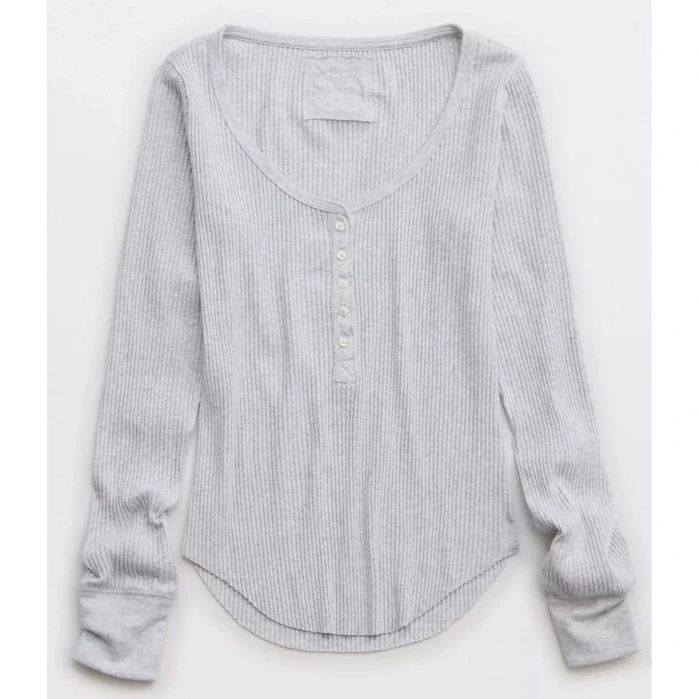Aerie‎ Womens Gray Ribbed Henley Long Sleeve Casual Loungewear Layering Top XXL